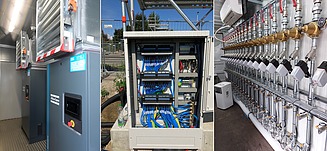 Airsparginganlage mit Doppelkompressorenstation zur Druckluftversorgung (links), Druckluftverteilung (rechts); Ansteuerung der Druckluftventile (Mitte)