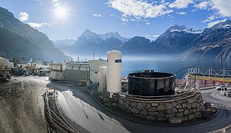 A picture of the tunnel water treatment plant, with Lake Lucerne in the background