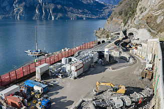 A picture of the tunnel water treatment plant, with Lake Lucerne in the background