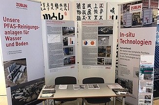 The photo shows the ZÜBLIN Umwelttechnik exhibition stand at the Dechema Conference 2024